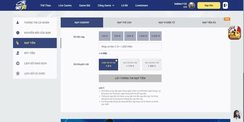 Nạp tiền Sky88 qua hình thức ngân hàng trực tuyến với 4 bước nhanh chóng