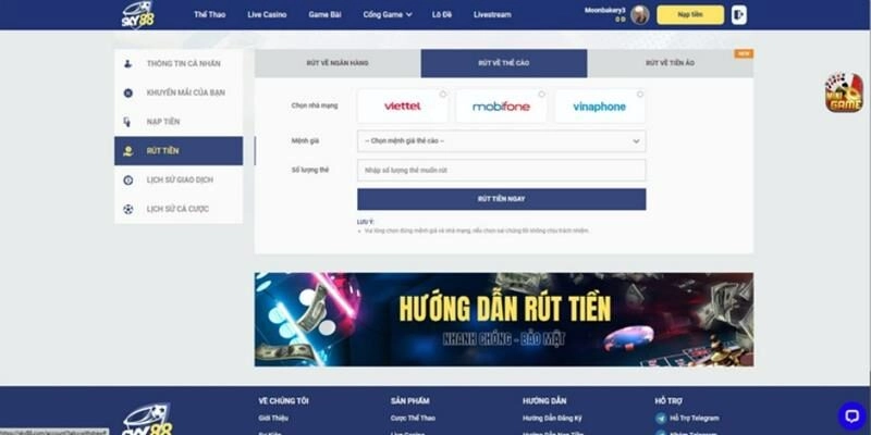 Rút tiền SKY88 bằng thẻ cào với thời gian xử lý nhanh